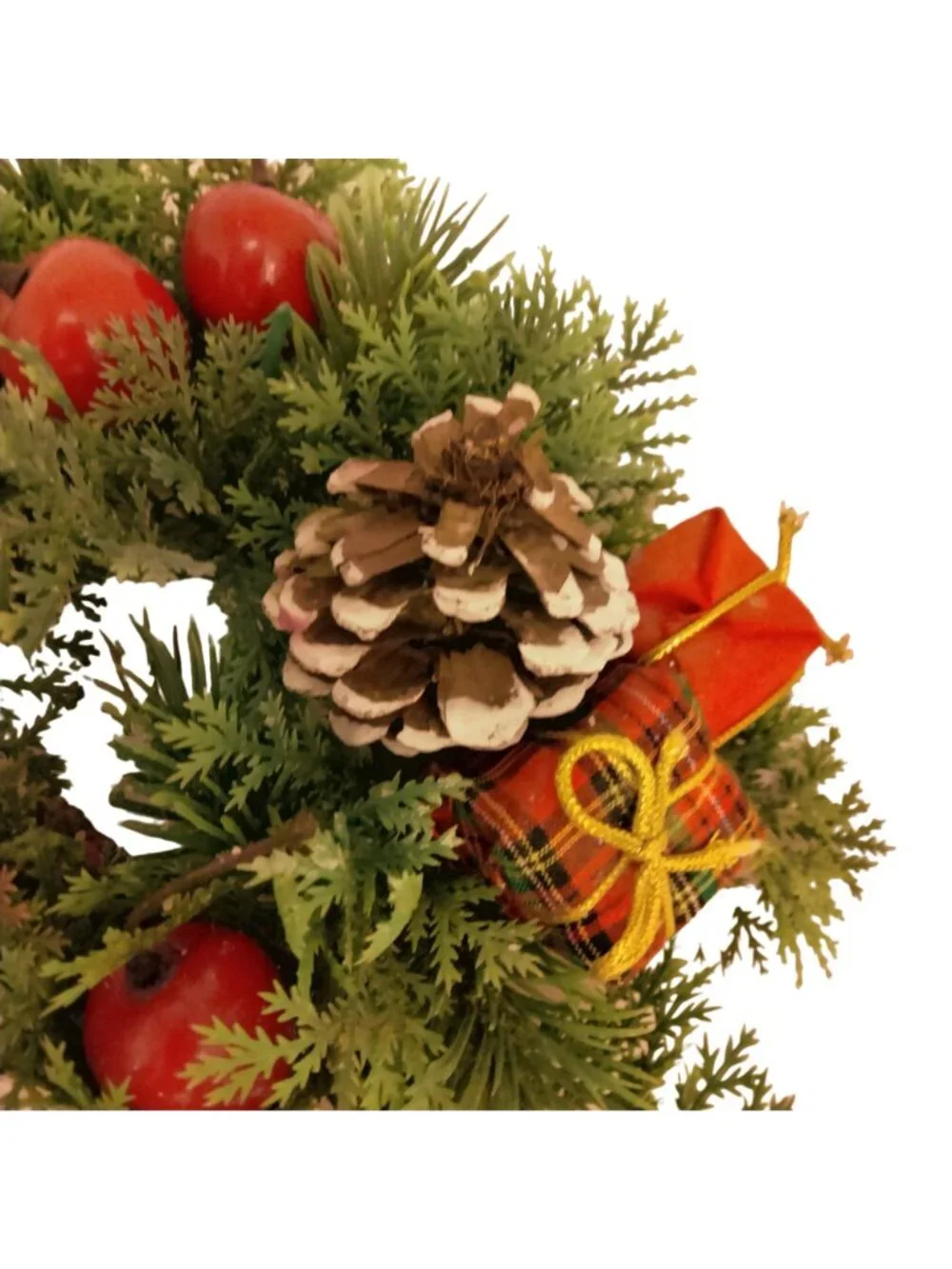 Pillar Candle Ring Green Pine cone Needles Apples Wrapped Gifts
